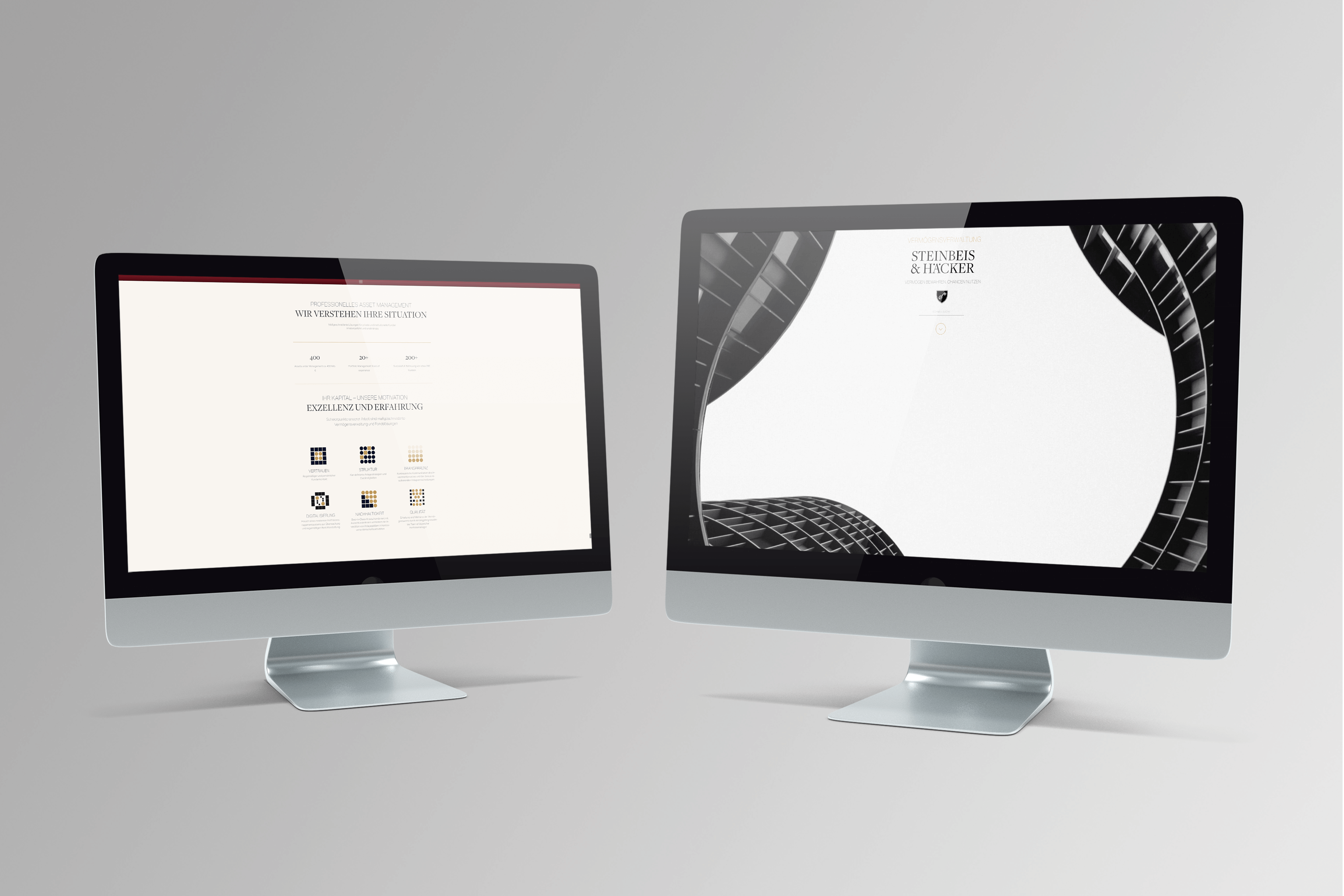 Two PCs displaying the desktop view of the Steinbeis & Häcker Vermögensverwaltung GmbH website