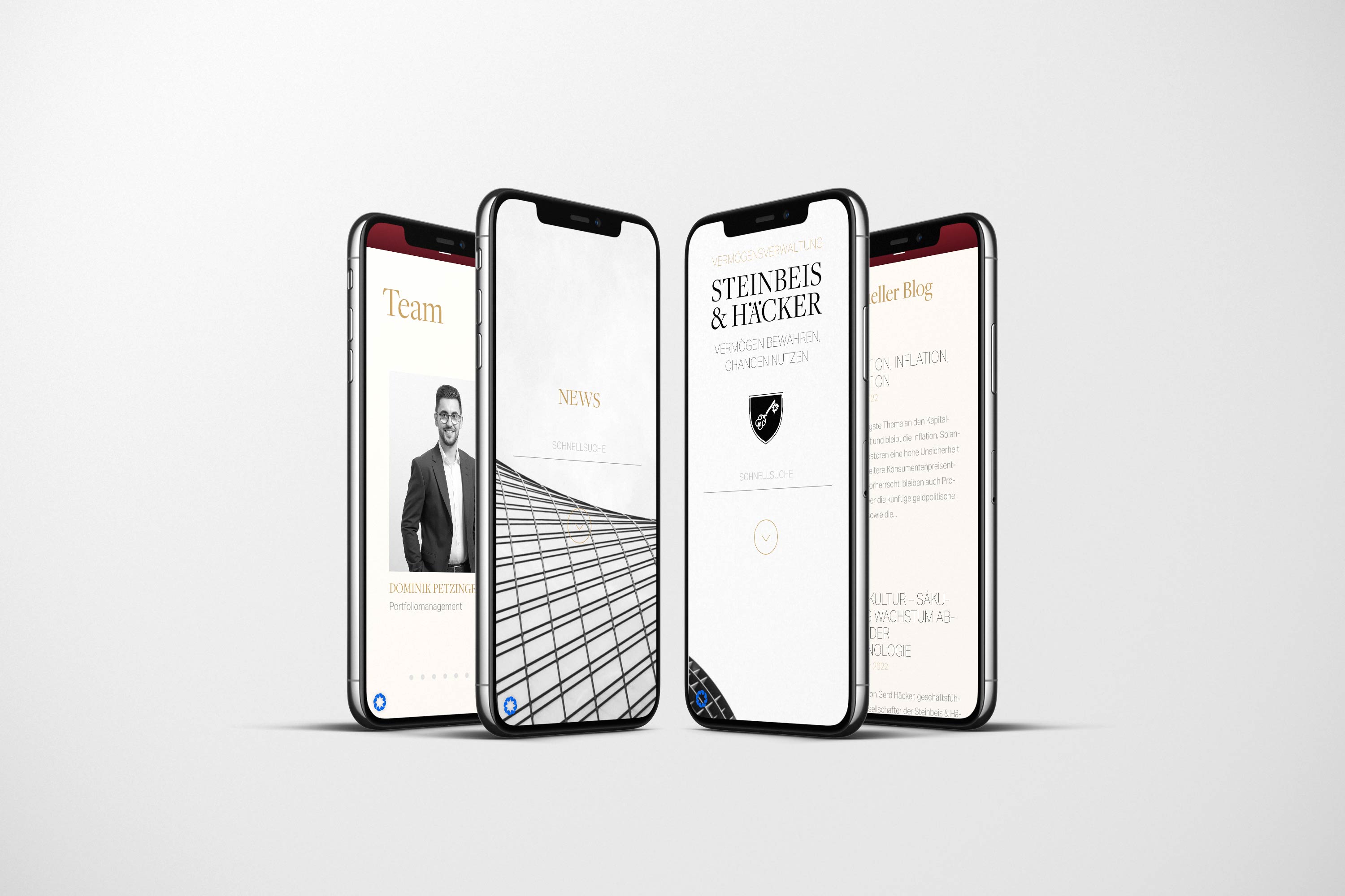 Multiple smartphones with the responsive view of the Steinbeis & Häcker Vermögensverwaltung GmbH website