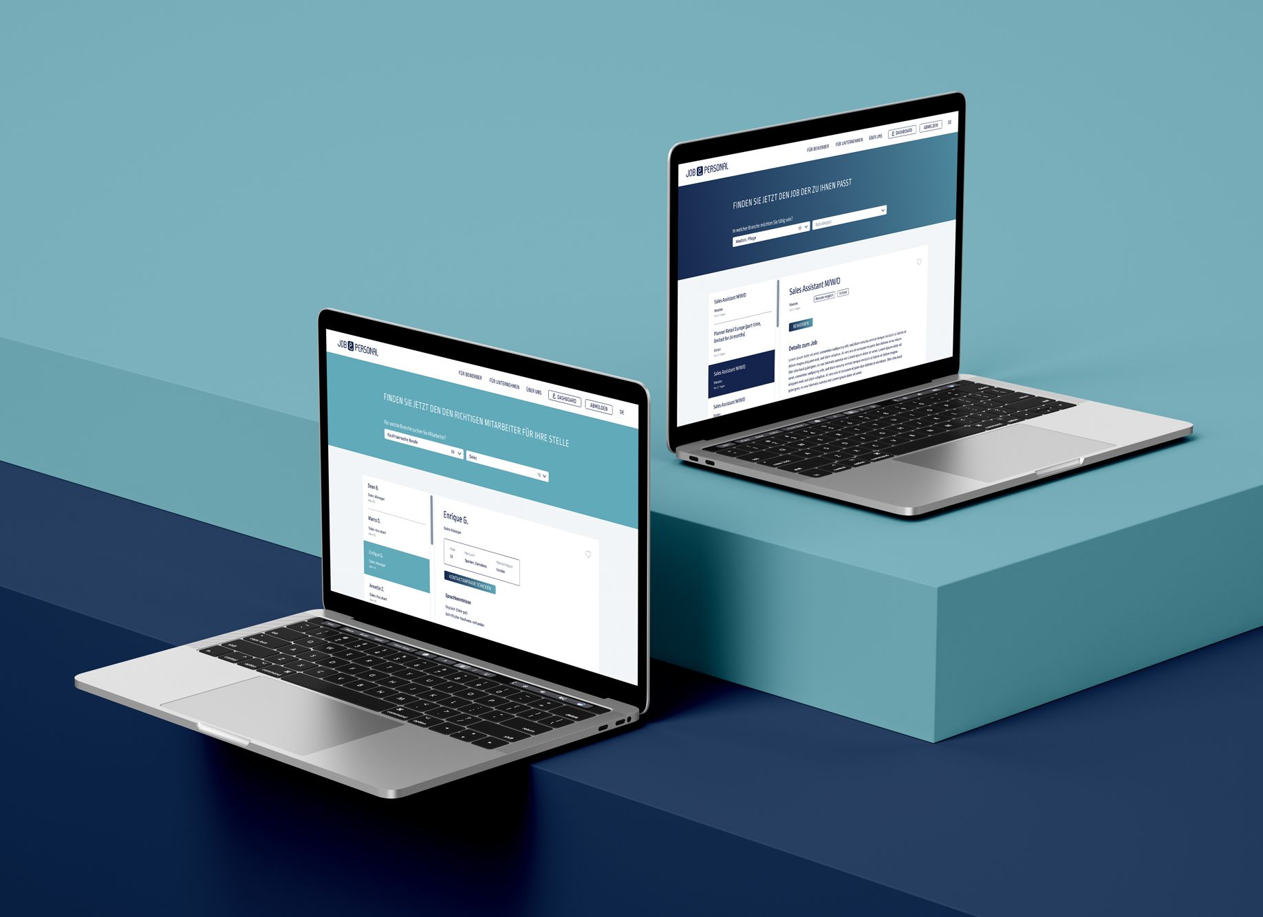 two laptops show the Job&Personal page with a blue background
