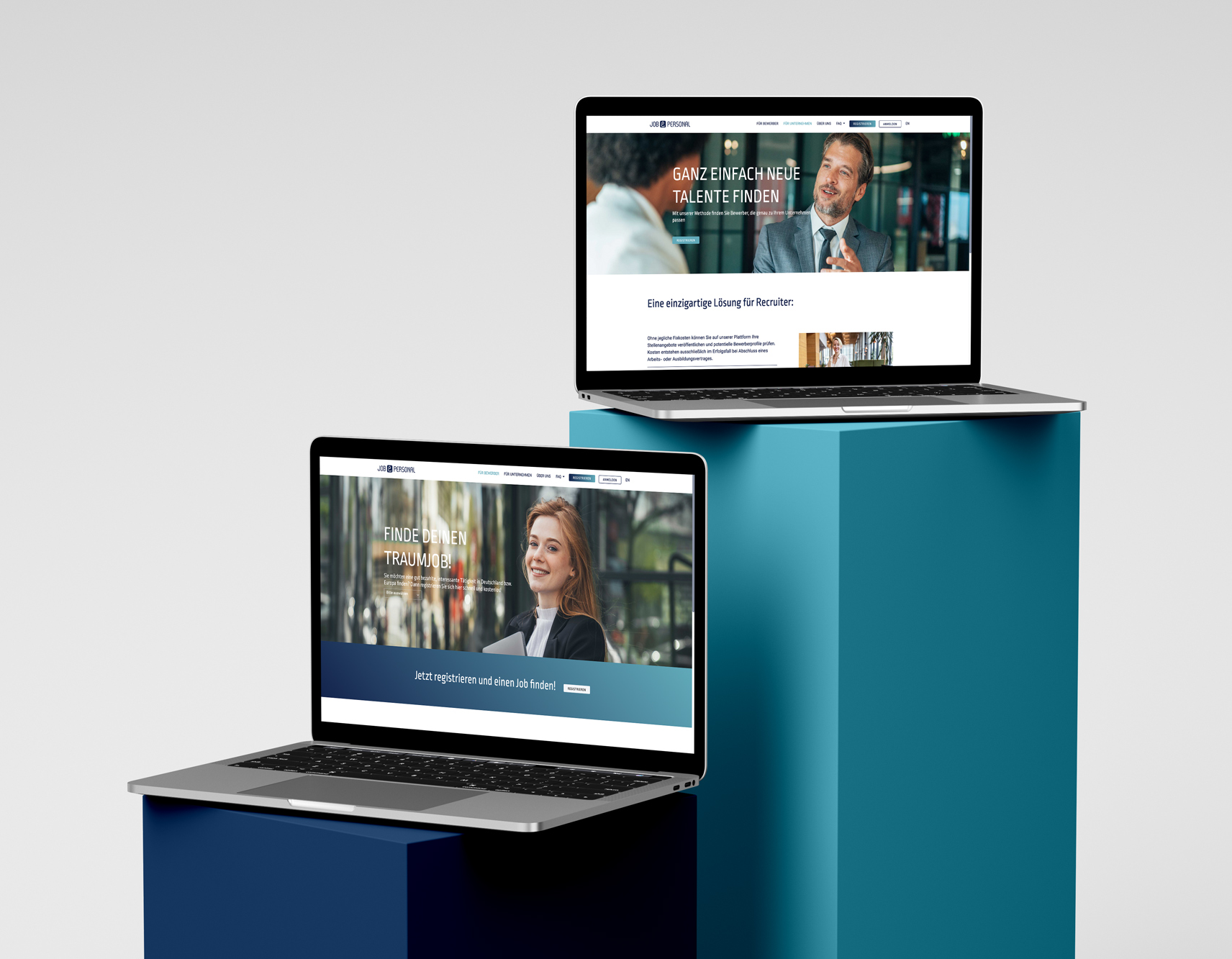 two laptops show the Job&Personal page with a white background