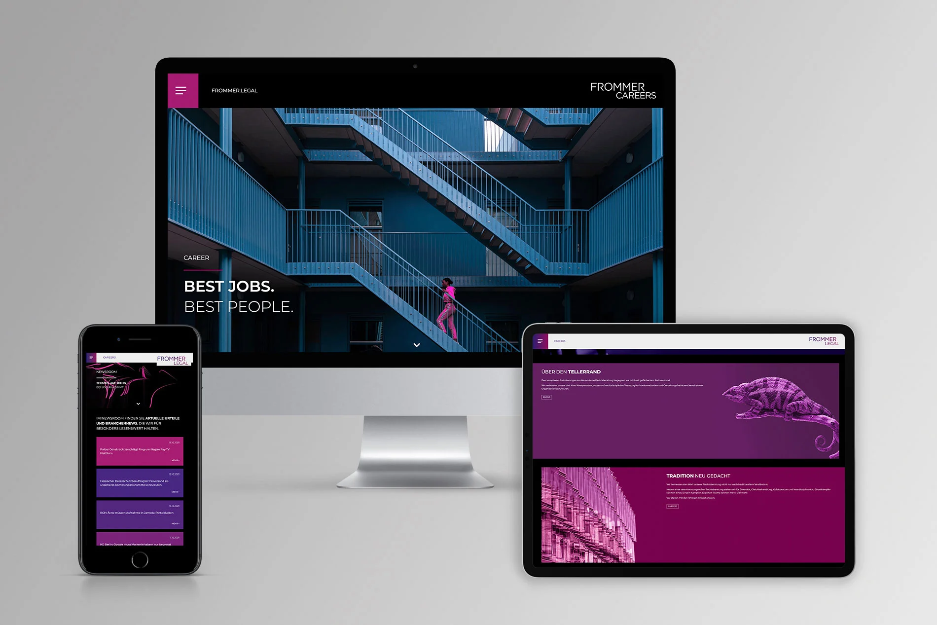 A screen, an iPad and a mobile phone display the Frommel.legal website