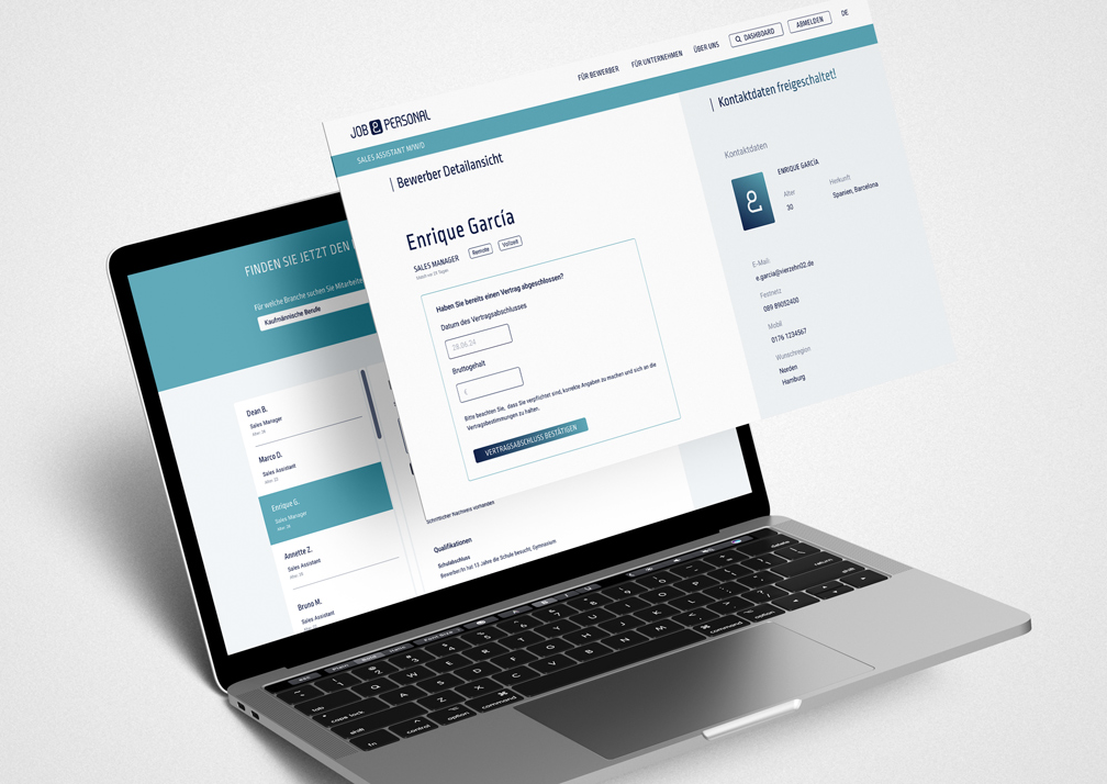 a laptop mockup shows a Job&Personal website with a white background