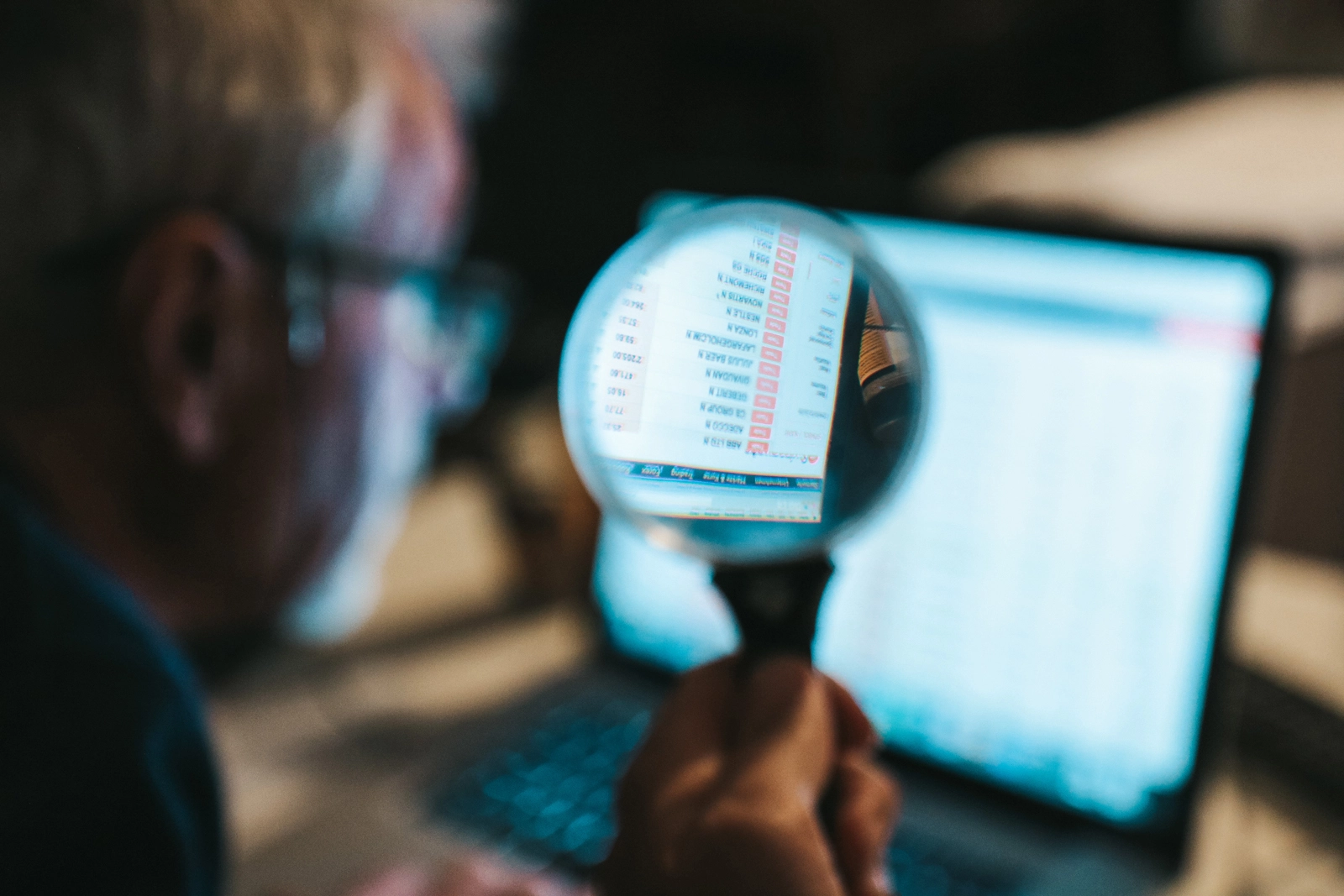 Man with magnifying glass looking at computer
